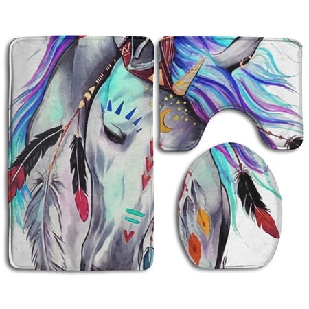 CHAPLLE Tribal Horse Art Painting 3 Piece Bathroom Rugs Set Bath Rug Contour Mat and Toilet Lid Cover