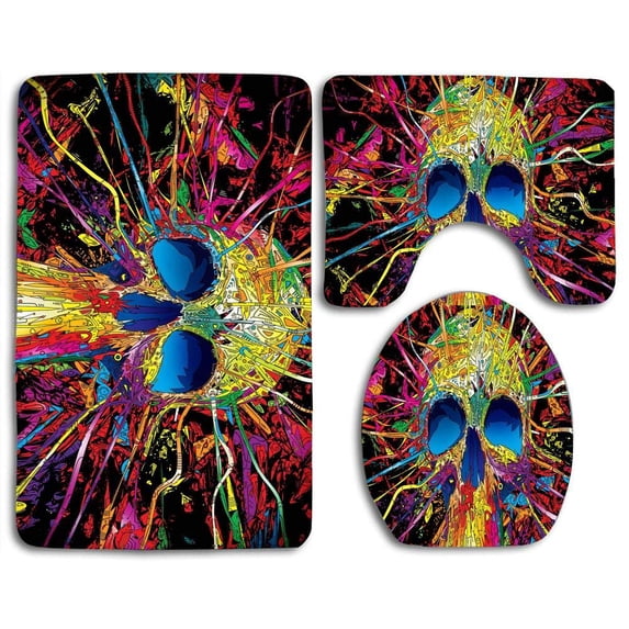 CHAPLLE Trippy Space Skull 3 Piece Bathroom Rugs Set Bath Rug Contour Mat and Toilet Lid Cover
