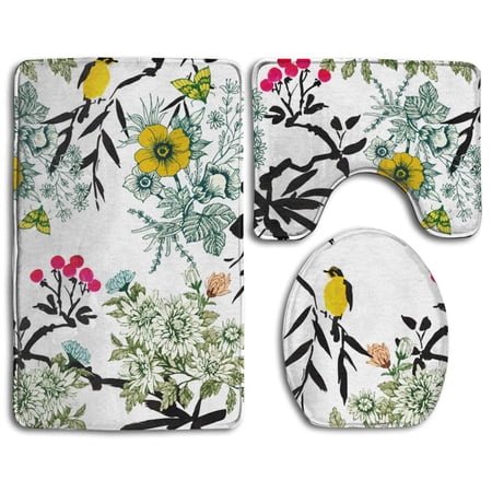 CHAPLLE Tropical Flower and Bird 3 Piece Bathroom Rugs Set Bath Rug Contour Mat and Toilet Lid Cover
