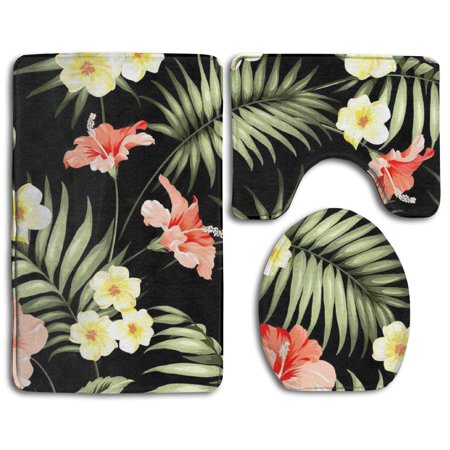 CHAPLLE Tropical Flowers and Jungle Palm 3 Piece Bathroom Rugs Set Bath Rug Contour Mat and Toilet Lid Cover