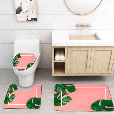 CHAPLLE Tropical Green Monstera Leaves Nature on Pink Frame Copy Space 3 Piece Bathroom Rugs Set Bath Rug Contour Mat and Toilet Lid Cover