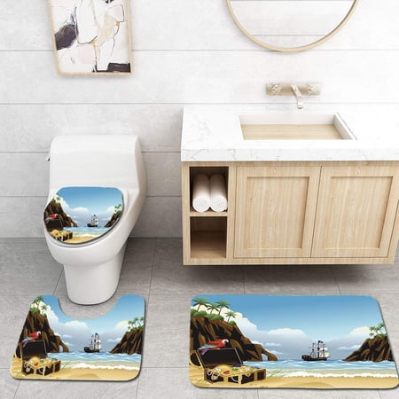 CHAPLLE Tropical Island Treasure 3 Piece Bathroom Rugs Set Bath Rug Contour Mat and Toilet Lid Cover