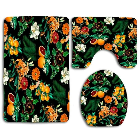 CHAPLLE Tropical Oranges and Flowers 3 Piece Bathroom Rugs Set Bath Rug Contour Mat and Toilet Lid Cover
