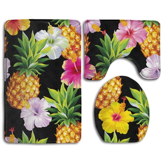 CHAPLLE Tropical Plants Funny Pineapple Black 3 Piece Bathroom Rugs Set Bath Rug Contour Mat and Toilet Lid Cover