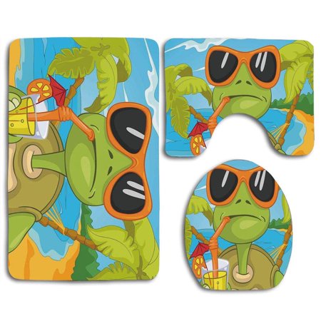 CHAPLLE Turtle Cool Sea Turtle Sunglasses Drinking Cocktail at Beach Cartoon 3 Piece Bathroom Rugs Set Bath Rug Contour Mat and Toilet Lid Cover