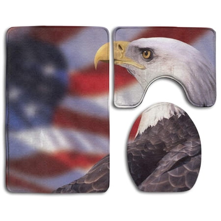 CHAPLLE USA Flag and Eagle 3 Piece Bathroom Rugs Set Bath Rug Contour Mat and Toilet Lid Cover