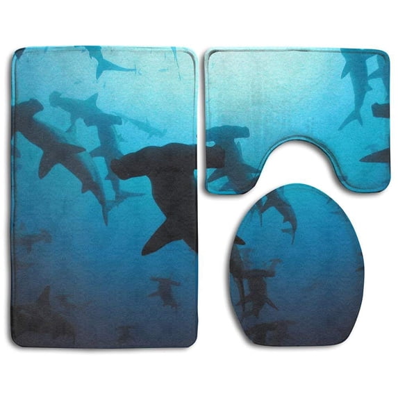 CHAPLLE Undersea Shark 3 Piece Bathroom Rugs Set Bath Rug Contour Mat and Toilet Lid Cover