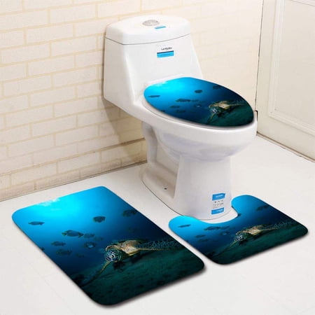 CHAPLLE Underwater Turtle 3 Piece Bathroom Rugs Set Bath Rug Contour Mat and Toilet Lid Cover