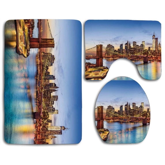 CHAPLLE United States New York City Skyline Over East River Brooklyn Bridge Twilight 3 Piece Bathroom Rugs Set Bath Rug Contour Mat and Toilet Lid Cover