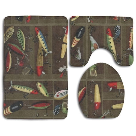 CHAPLLE Variety Fishing Lure 3 Piece Bathroom Rugs Set Bath Rug Contour Mat and Toilet Lid Cover