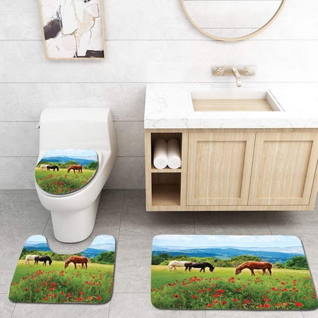 CHAPLLE Various Kinds Horses Eating Grass in Field Mountain Landscape Rural 3 Piece Bathroom Rugs Set Bath Rug Contour Mat and Toilet Lid Cover