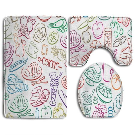 CHAPLLE Vector Food 3 Piece Bathroom Rugs Set Bath Rug Contour Mat and Toilet Lid Cover