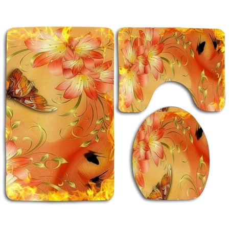 CHAPLLE Vector Lilies Fireplace Seasons Arts Butterfly 3 Piece Bathroom Rugs Set Bath Rug Contour Mat and Toilet Lid Cover