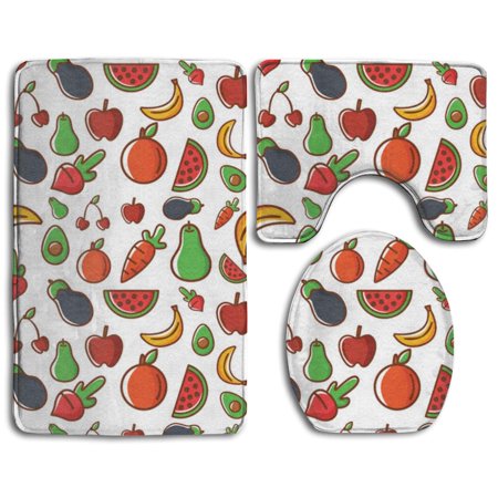 CHAPLLE Vegetable Fruit 3 Piece Bathroom Rugs Set Bath Rug Contour Mat and Toilet Lid Cover