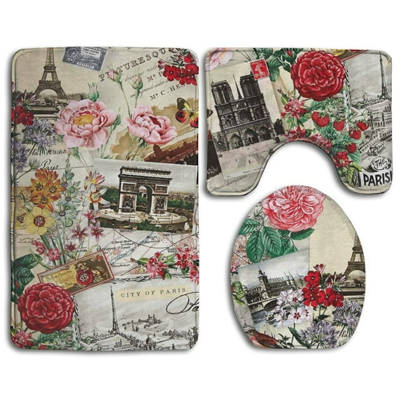 CHAPLLE Vintage Eiffel Tower Paris 3 Piece Bathroom Rugs Set Bath Rug Contour Mat and Toilet Lid Cover