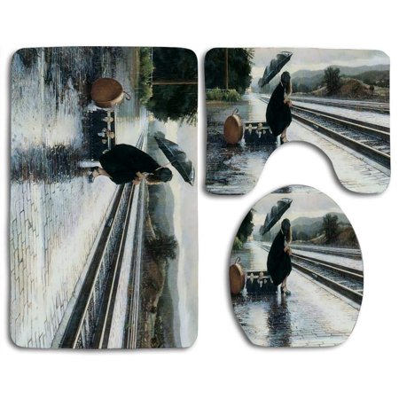 CHAPLLE Waiting for A Train 3 Piece Bathroom Rugs Set Bath Rug Contour Mat and Toilet Lid Cover