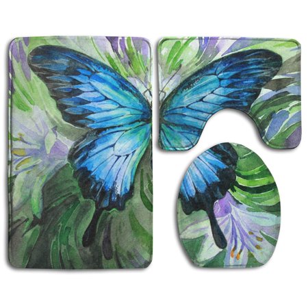 CHAPLLE Watercolor Butterfly Green Leaves and Light Flowers 3 Piece Bathroom Rugs Set Bath Rug Contour Mat and Toilet Lid Cover