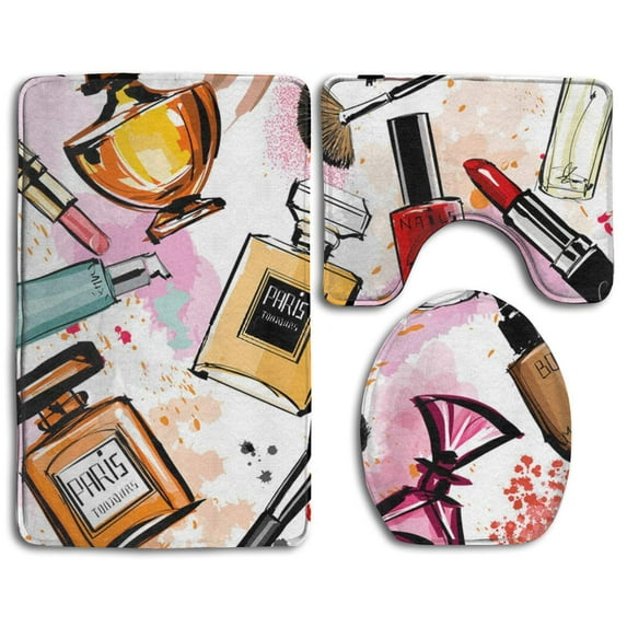 CHAPLLE Watercolor Cosmetics 3 Piece Bathroom Rugs Set Bath Rug Contour Mat and Toilet Lid Cover