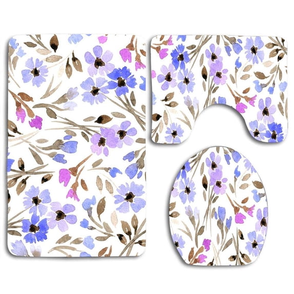 CHAPLLE Watercolor Floral Blue Flowers 3 Piece Bathroom Rugs Set Bath Rug Contour Mat and Toilet Lid Cover