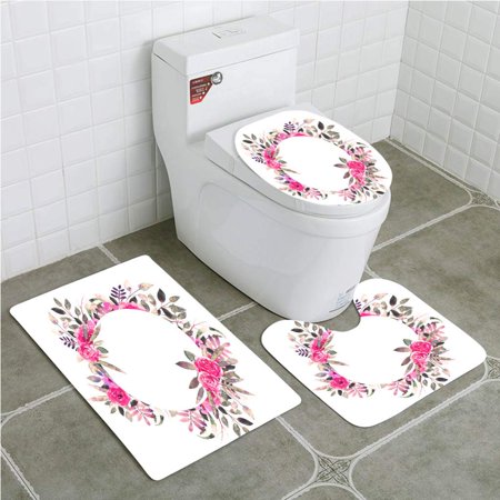 CHAPLLE Watercolor Flowers Leaves Wreath Floral Frame 3 Piece Bathroom Rugs Set Bath Rug Contour Mat and Toilet Lid Cover