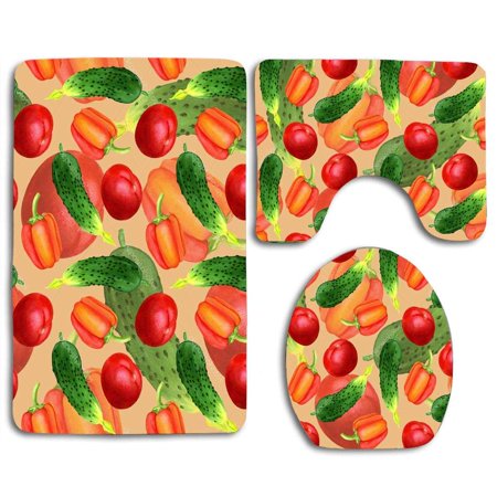 CHAPLLE Watercolor Vegetable 3 Piece Bathroom Rugs Set Bath Rug Contour Mat and Toilet Lid Cover