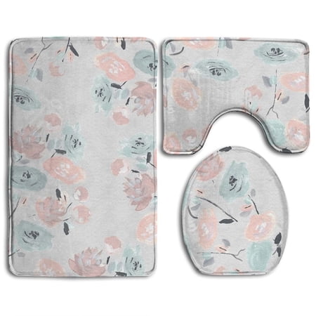 CHAPLLE Watercolour Painting Flowers 3 Piece Bathroom Rugs Set Bath Rug Contour Mat and Toilet Lid Cover