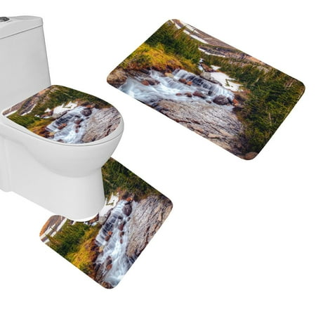 CHAPLLE Waterfall Stones Current 3 Piece Bathroom Rugs Set Bath Rug Contour Mat and Toilet Lid Cover