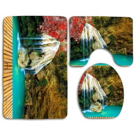 CHAPLLE Waterfalls Stones Crag Plants 3 Piece Bathroom Rugs Set Bath Rug Contour Mat and Toilet Lid Cover