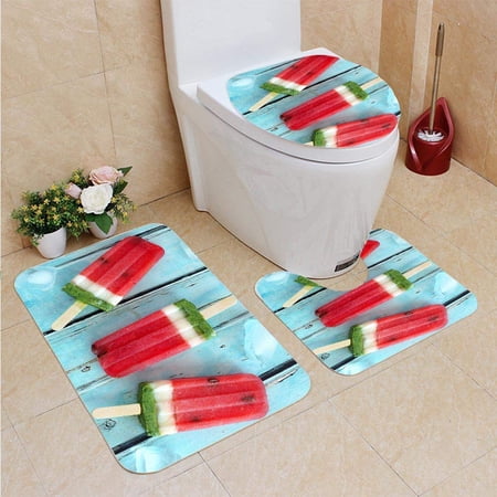 CHAPLLE Watermelon Popsicles ice Against Rustic Wood 3 Piece Bathroom Rugs Set Bath Rug Contour Mat and Toilet Lid Cover