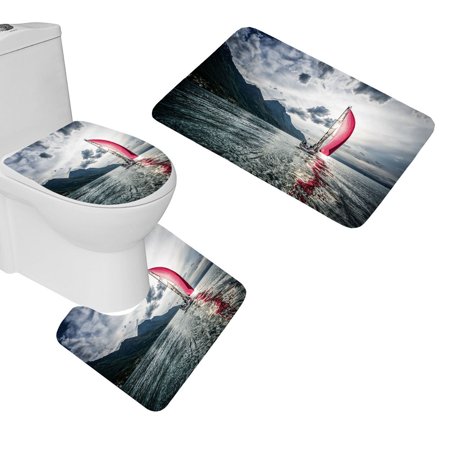 CHAPLLE Wave Sail Boat Sailing 3 Piece Bathroom Rugs Set Bath Rug Contour Mat and Toilet Lid Cover