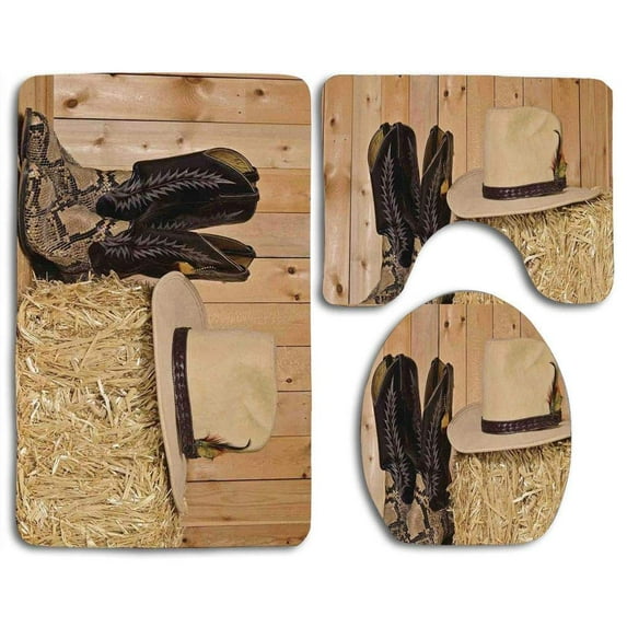 CHAPLLE Western Snake Skin Cowboy Boots Timber Planks in Barn Hay Old West Austin Texas 3 Piece Bathroom Rugs Set Bath Rug Contour Mat and Toilet Lid Cover