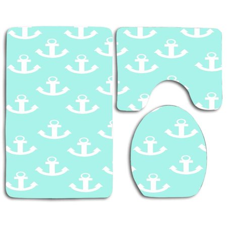 CHAPLLE White Anchor on Blue 3 Piece Bathroom Rugs Set Bath Rug Contour Mat and Toilet Lid Cover