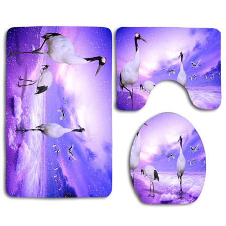 CHAPLLE White Crane on Beach 3 Piece Bathroom Rugs Set Bath Rug Contour Mat and Toilet Lid Cover