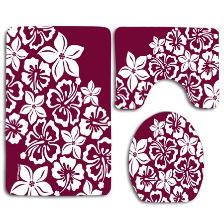 CHAPLLE White Hibiscus on Purple 3 Piece Bathroom Rugs Set Bath Rug Contour Mat and Toilet Lid Cover