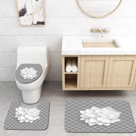 CHAPLLE White Paper 3D Lotus Isolated on Transparent 3 Piece Bathroom Rugs Set Bath Rug Contour Mat and Toilet Lid Cover