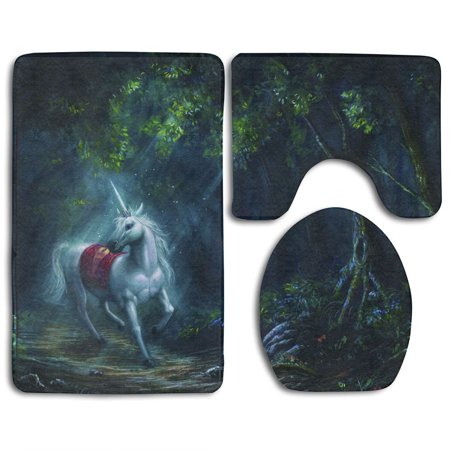 CHAPLLE White Unicorn 3 Piece Bathroom Rugs Set Bath Rug Contour Mat and Toilet Lid Cover