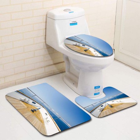 CHAPLLE Wide Angle Shot Front Yacht 3 Piece Bathroom Rugs Set Bath Rug Contour Mat and Toilet Lid Cover
