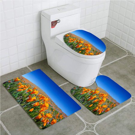 CHAPLLE Wild California Poppies at Antelope Valley California Poppy Reserve 3 Piece Bathroom Rugs Set Bath Rug Contour Mat and Toilet Lid Cover