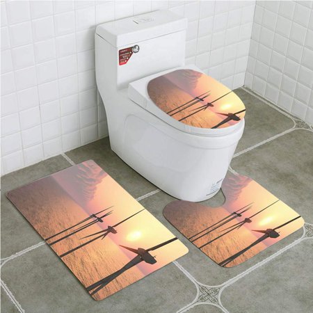 CHAPLLE Wind turbines at Sunset 3 Piece Bathroom Rugs Set Bath Rug Contour Mat and Toilet Lid Cover
