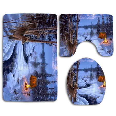 CHAPLLE Winter Deer Meet Fire 3 Piece Bathroom Rugs Set Bath Rug Contour Mat and Toilet Lid Cover