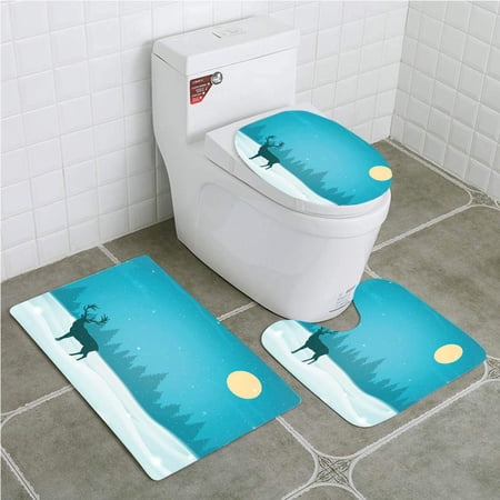 CHAPLLE Winter Landscape Winter Tree and Reindeer Silhouette 3 Piece Bathroom Rugs Set Bath Rug Contour Mat and Toilet Lid Cover