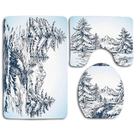 CHAPLLE Winter Snow Winter Landscape Pine Forest and a River Flowing in Mountains Blizzard 3 Piece Bathroom Rugs Set Bath Rug Contour Mat and Toilet Lid Cover