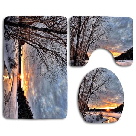 CHAPLLE Winter Sunlight Snow Day 3 Piece Bathroom Rugs Set Bath Rug Contour Mat and Toilet Lid Cover