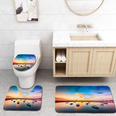 CHAPLLE Yachts Anchored in a Row at Sunset 3 Piece Bathroom Rugs Set Bath Rug Contour Mat and Toilet Lid Cover
