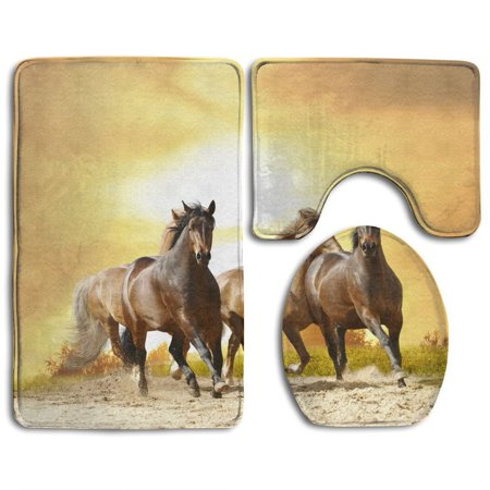 CHAPLLE Yellow Horse 3 Piece Bathroom Rugs Set Bath Rug Contour Mat and Toilet Lid Cover