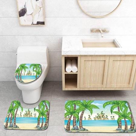 CHAPLLE a Tropical Coastal Landscape 3 Piece Bathroom Rugs Set Bath Rug Contour Mat and Toilet Lid Cover