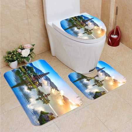 CHAPLLE pura ulun danu bratan Temple in Bali 3 Piece Bathroom Rugs Set Bath Rug Contour Mat and Toilet Lid Cover