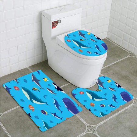 CHAPLLE sea Creatures Seamless 3 Piece Bathroom Rugs Set Bath Rug Contour Mat and Toilet Lid Cover