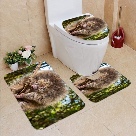 CHAPLLE spined Hairy Dwarf Porcupine 3 Piece Bathroom Rugs Set Bath Rug Contour Mat and Toilet Lid Cover