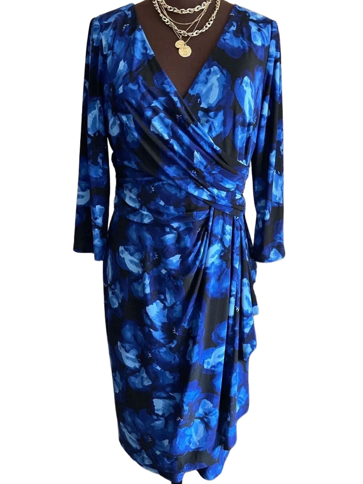 CHAPS Women s Blue Black Floral Long Sleeve Stretch Midi Dress Size PM